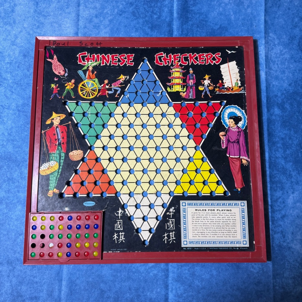 Vintage Whitman Chinese Checkers Board Game No. 4721 Red Plastic Frame USA Made